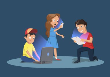 Çocuk gadget bağımlılık. Elektronik cihazlar çocuklarla. Üzerinde koyu mavi izole karikatür vektör çizim.
