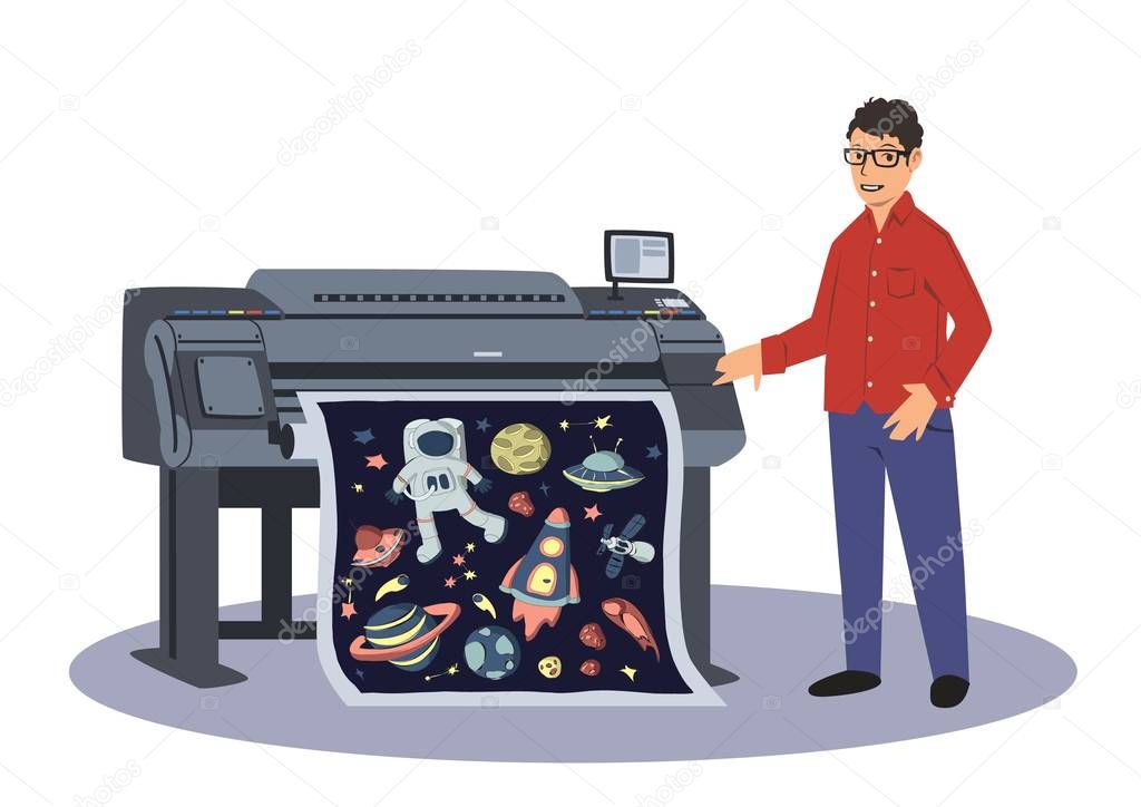 A man prints on a large-format plotter. Printing worker. Vector illustration isolated on white background.