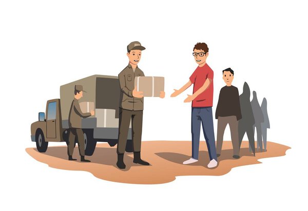 Military or volunteers distribute boxes with humanitarian aid. The distribution of food and basic necessities. Vector illustration isolated on white background.