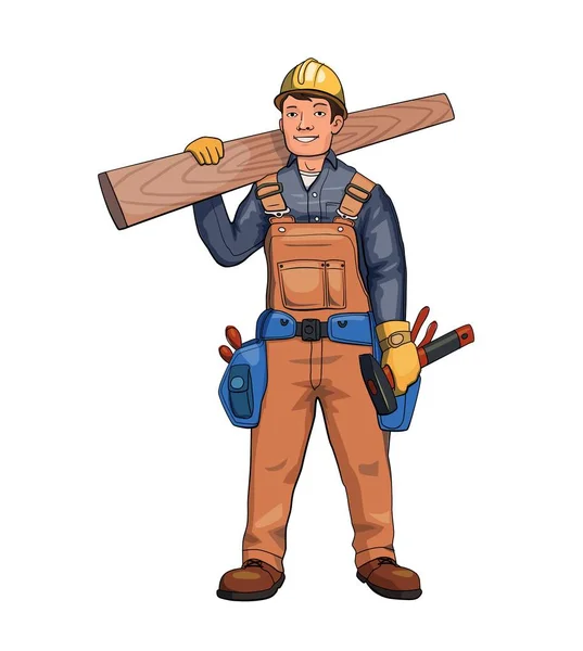 Happy carpenter, builder holding wooden plank. Vector illustration, isolated on white background. — Stock Vector