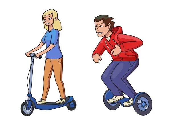 Kentsel elektrikli araç, bir elektrikli scooter ve gyroscooter. Erkek ve kadın karakter. Beyaz arka plan üzerinde izole vektör çizim. — Stok Vektör