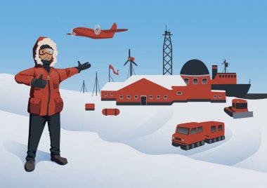 Antarktika ve Kuzey Kutbu, vektör çizim. Kutup Explorer araştırma istasyonu. Offshore petrol üretim. Vektör çizim.