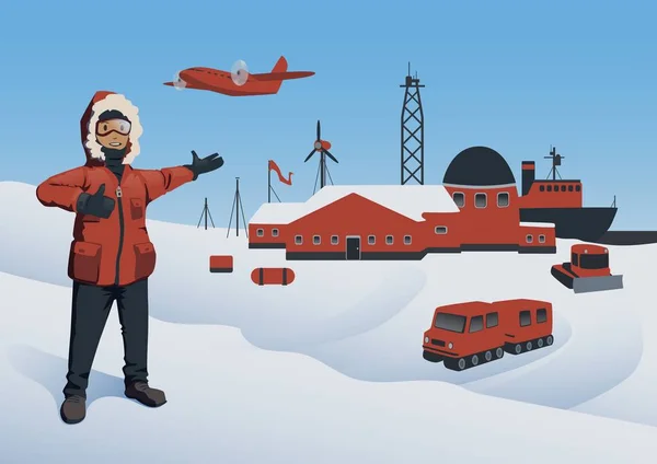 Antarktida a Severní pól, vektorové ilustrace. Polárník na výzkumné stanici. Offshore ropné produkce. Vektorové ilustrace. — Stockový vektor