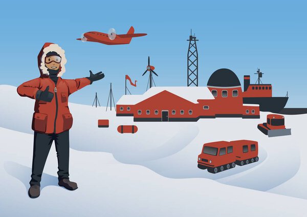 Antarctica and North Pole, vector illustration. Polar Explorer at the research station. Offshore oil production. Vector illustration.