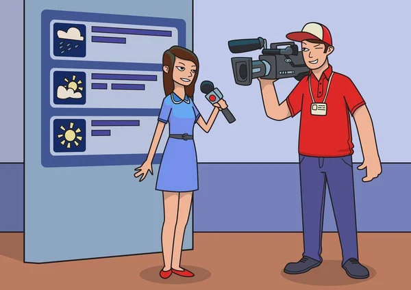 Cameraman and presenter shooting weather forecast in TV Studio. Cartoon vector illustration. — Stock Vector