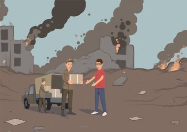 Askeri veya gönüllü insani yardım kutularıyla dağıtmak. Gıda ve temel ihtiyaç dağıtımı. Beyaz arka plan üzerinde izole vektör çizim.