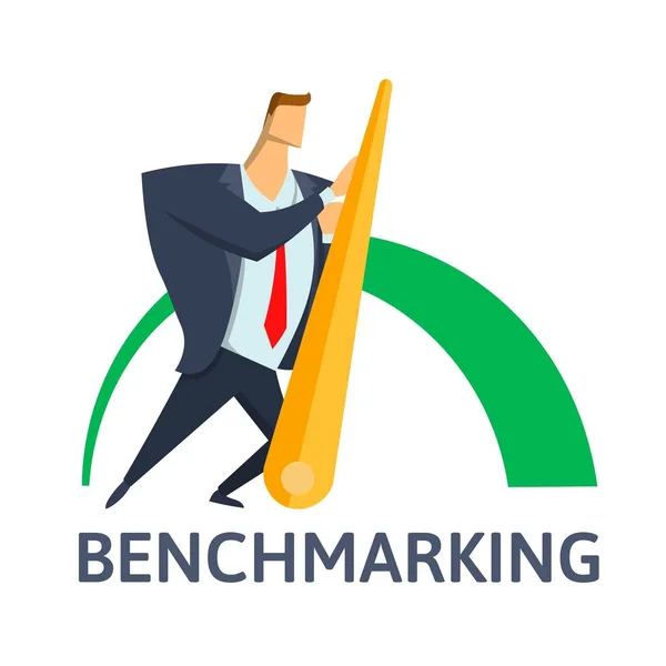 Benchmarking, business concept vectorillustratie. Zakenman duwen naald indicator. — Stockvector