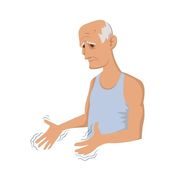 Trema le mani. Un uomo anziano che guarda le mani che si stringono. Sintomo del morbo di Parkinsons. Illustrazione vettoriale medica . — Vettoriale Stock