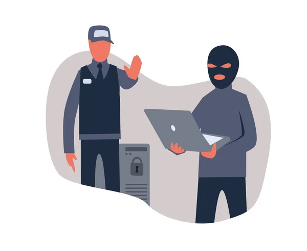 A hacker with a laptop and a police officer, concept on the topic of cybersecurity. Vector illustration, isolated on white. — Stock Vector