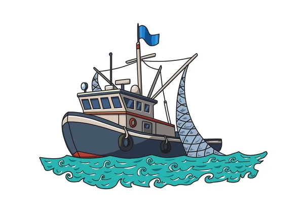 Barco de pesca en el mar. Ilustración vectorial aislada sobre fondo blanco . — Vector de stock
