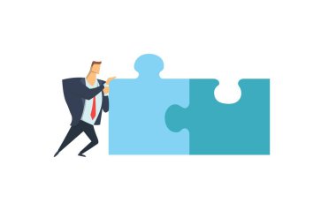 Bulmaca parçaları itme iş adamı. Ortak problem çözme kavramı. Vektör çizim, üzerinde beyaz izole.