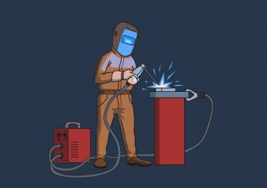 Kaynakçı işyerinde koruyucu maske içinde. Koyu arka plan üzerinde izole karikatür vektör çizim.