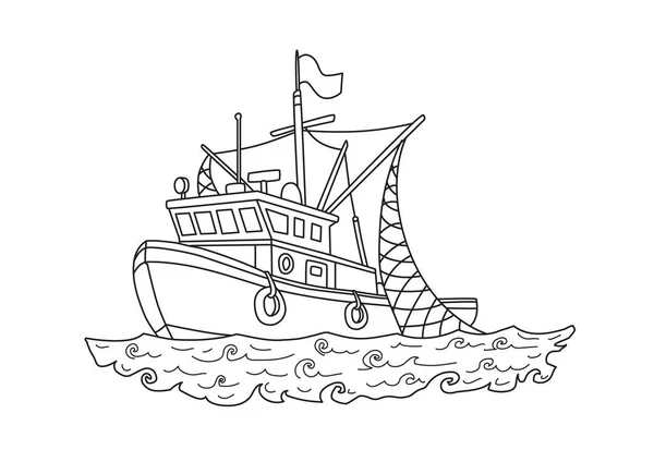 Fishing boat in the sea. Contour vector illustration for coloring book, isolated on white. — Stock Vector