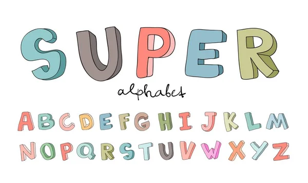 Handritade alfabetet, teckensnitt, bokstäver. Doodle Abc för barn. Vektorillustration isolerade på vit bakgrund. — Stock vektor