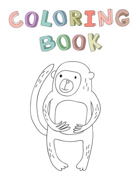 Sevimli çizgi maymun karakter, basit tarzda boyama kitabı için kontur vektör çizim.