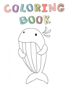 Sevimli çizgi balina karakter, basit tarzda boyama kitabı için kontur vektör çizim.