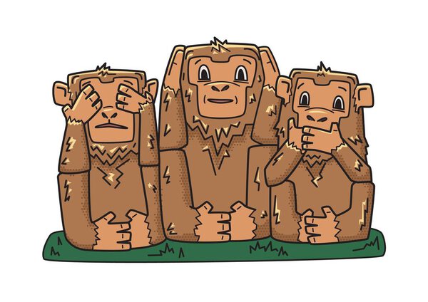 Three wise monkeys. mystic apes. See no evil, hear no evil, speak no evil. Vector character illustration, isolated on white.