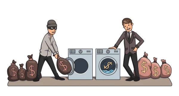 Lavagem de dinheiro. Criminoso e homem de negócios lavando dinheiro nas máquinas. Ilustração vetorial conceitual . —  Vetores de Stock