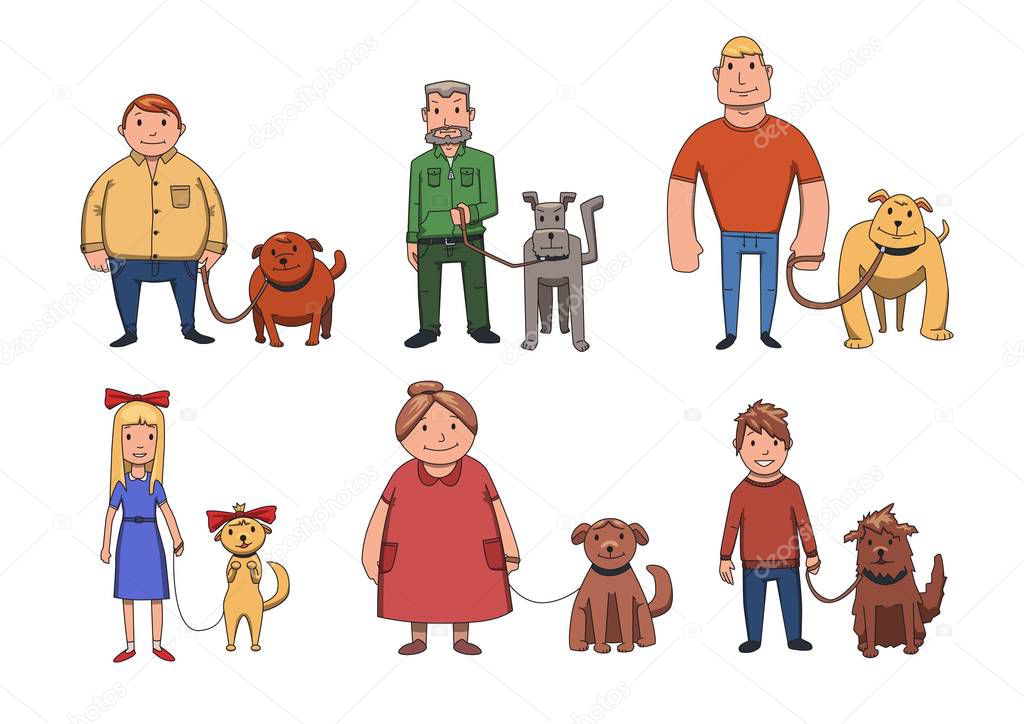 Dogs look like their owners. People walking their dogs. Cartoon vector characters illustration isolated on white background.