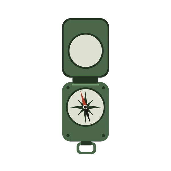 Groene militaire kompas. Reizigers de kompas van de stijl van het leger met het deksel. Platte pictogram vectorillustratie, geïsoleerd beeld op witte achtergrond. — Stockvector