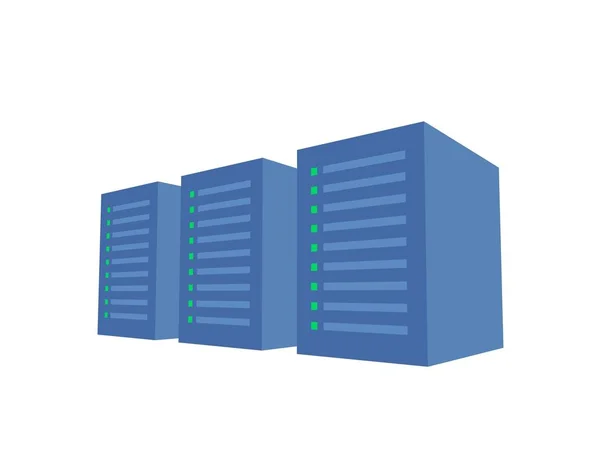 3 つの青いサーバーとサーバー ラックです。データ センターのサーバー ファーム。概念ベクトル イラスト。白い背景に分離. — ストックベクタ