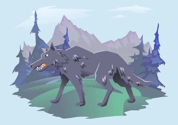 Dühös wolf séta a hegyi tájra. Vektor vízszintes sík illusztráció ciánkék a háttér. — Stock Vector