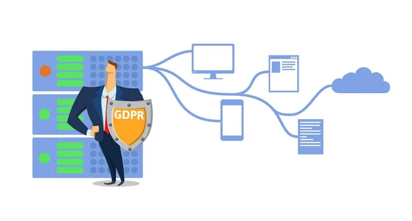 Ілюстрація концепції GDPR. Загальне положення про захист даних. Захист персональних даних. Сервер і охоронець. Вектор, ізольований на білому . — стоковий вектор