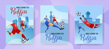 Futbol Kupası. Rusya. Rus cityscape zemin üzerine futbolcuların. Yazı ile dikey afiş kümesi. Düz vektör çizim.