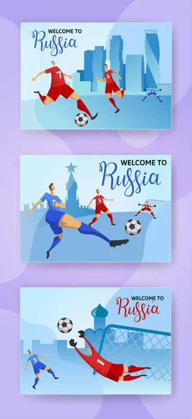 Copa de fútbol. Rusia. Jugadores de fútbol en el fondo del paisaje urbano ruso. Conjunto de carteles horizontales con letras. Ilustración vectorial plana . — Archivo Imágenes Vectoriales