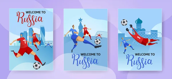 橄榄球杯俄罗斯。俄罗斯城市背景下的足球运动员。一套垂直海报与刻字。平面矢量图. — 图库矢量图片