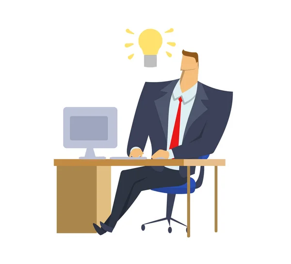 Affärsman i kontor passar sitter framför datorn med en glödlampa av idé ovanför hans huvud. Glödlampa ögonblick. Genial idé. Begreppet platt vektorillustration, isolerad på vit bakgrund. — Stock vektor