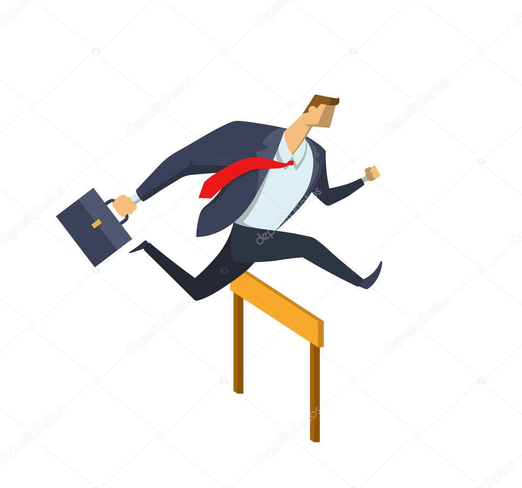 Businessman in office suit jumping over the barrier as he runs to his goals. Achieving goals. Race for success. Hurry up. Concept flat vector illustration, isolated on white background.