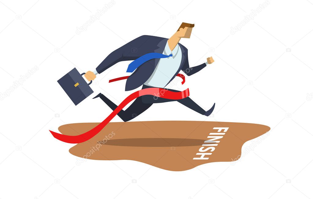 Businessman in office suit crossing finish line. Achieving goals. Race for success. Hurry up. Concept vector flat illustration, isolated on white background.