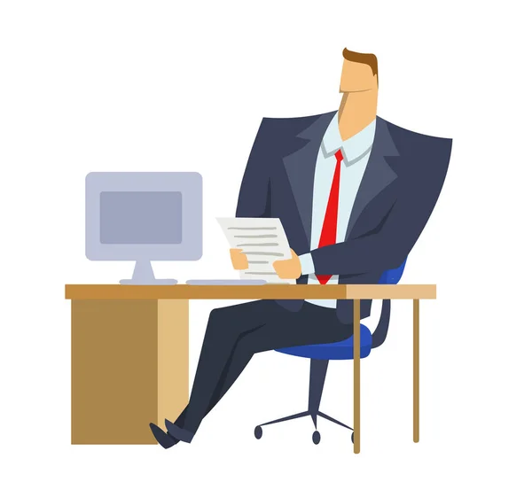Affärsman i kontor passar sitter framför datorn med dokument i hans händer. Strategi och framgång. Fattar beslut. Begreppet platt vektorillustration, isolerad på vit bakgrund. — Stock vektor