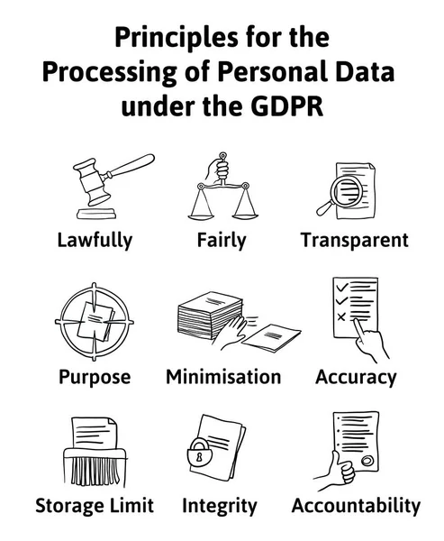 Principios para el procesamiento de datos personales en virtud del RGPD. Reglamento general de protección de datos. La protección de datos personales, ilustración de infografías, aislado en blanco . — Vector de stock