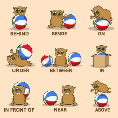 Table of prepositions of place with funny animal character. English for children. Educational visual material for kids. Colorful comic character playing wiyh ball. Vector infographics illustration. clipart