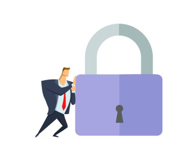Adam iş uygun iterek dev asma kilit. İş ve güvenlik. Kişisel bilgiler. Gdpr, Rgpd. genel veri koruma Yönetmeliği. Düz vektör konsept illüstrasyon. Beyaz arka plan üzerinde izole.