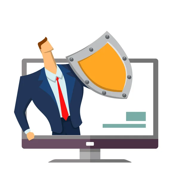 Hombre de traje de negocios con un escudo que sobresale del monitor de la computadora. Protección de sus datos personales. GDPR, RGPD, DSGVO. Reglamento general de protección de datos. Ilustración del concepto vectorial. Estilo plano . — Vector de stock