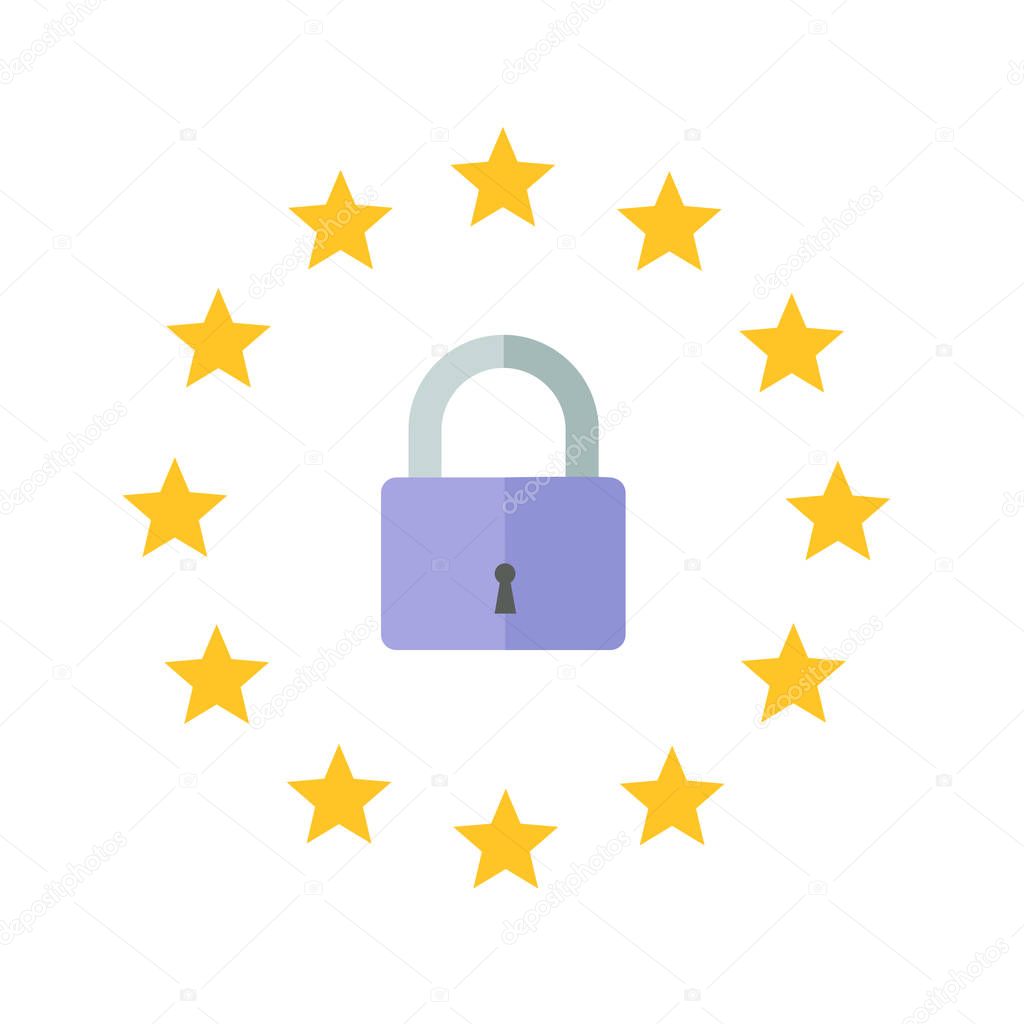 Image of padlock in the circle of stars. EU regulations. Protecting your personal data. GDPR, RGPD. General Data Protection Regulation. Flat vector concept illustration. Isolated on white background.