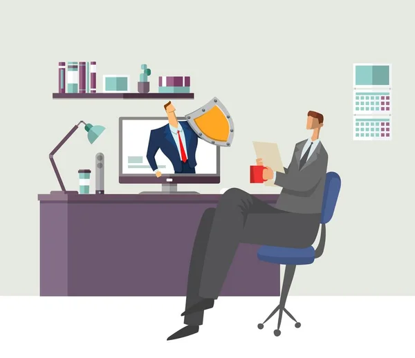 Man in office reading document with shielded man protecting his computer. Protecting your personal data. GDPR, RGPD. General Data Protection Regulation. Flat vector concept illustration. Horizontal. — Stock Vector