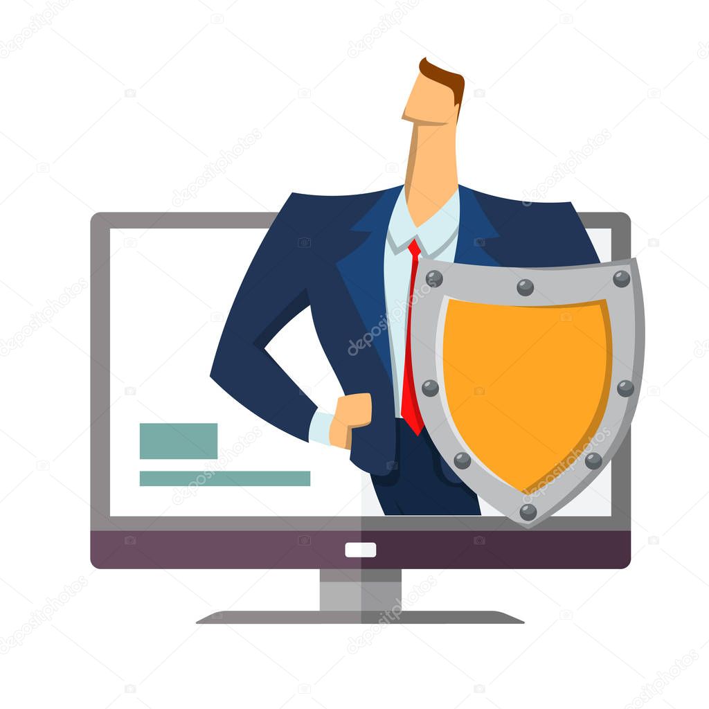 Man in business suit with a shield standing out from computer monitor. Protecting your personal data. GDPR, RGPD, DSGVO. General Data Protection Regulation. Vector concept illustration. Flat style.
