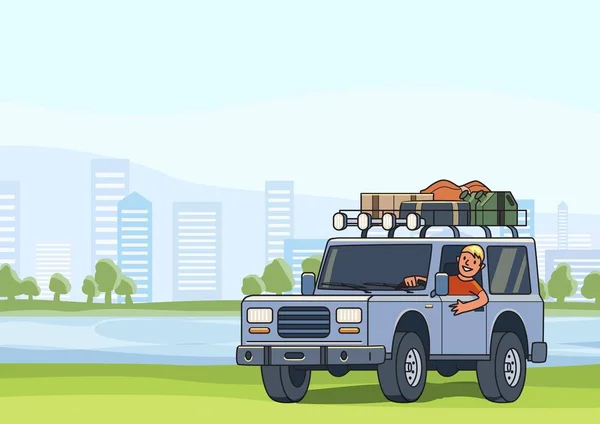 SUV αυτοκινήτων με τις αποσκευές στην οροφή και χαμογελαστός ο τύπος πίσω από το τιμόνι για το ιστορικό πάρκο πόλης. Off-road όχημα, skysrapers, δέντρα και το νερό. Εικονογράφηση διάνυσμα. Επίπεδη στυλ. Οριζόντια. — Διανυσματικό Αρχείο