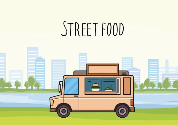 Beiger Street-Food-Truck vor Stadtbild-Hintergrund mit Bäumen und Wolkenkratzern. Auto verkauft Burger und Salate. Vektorillustration. flachen Stil. Schriftzug. horizontal. — Stockvektor