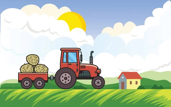 Roter Traktor mit Heuwagen vor ländlichem Hintergrund mit Sonne, Wolken und einem Haus. Fahrzeug auf einer grünen Wiese im Grünen. flache Vektordarstellung. horizontal. — Stockvektor