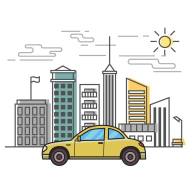 Stilize cityscape arka plan üzerinde renkli coupe araba. Düz vektör çizim. İnce çizgi stili, beyaz arka plan.