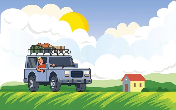 Geländewagen mit Gepäck auf dem Dach und lächelndem Mann am Steuer vor ländlichem Hintergrund mit Sonne, Wolken und einem Haus. Fahrzeug auf der Wiese. Vektorillustration. flachen Stil. horizontal. — Stockvektor
