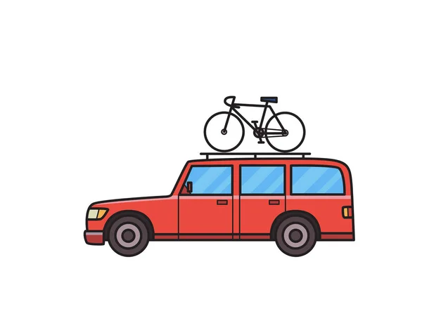 Roter Geländewagen mit Fahrrad auf dem Kofferraum. Minivan. isoliertes Bild auf weißem Hintergrund. Vektorillustration. flacher Stil. — Stockvektor
