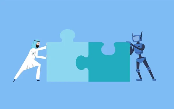 Uomo d'affari arabo e robot blu che cercano di mettere insieme il puzzle. Comunicazione di intelligenza artificiale. Affari e IA. Illustrazione vettoriale concettuale, stile piatto. Isolato su sfondo blu, orizzontale . — Vettoriale Stock