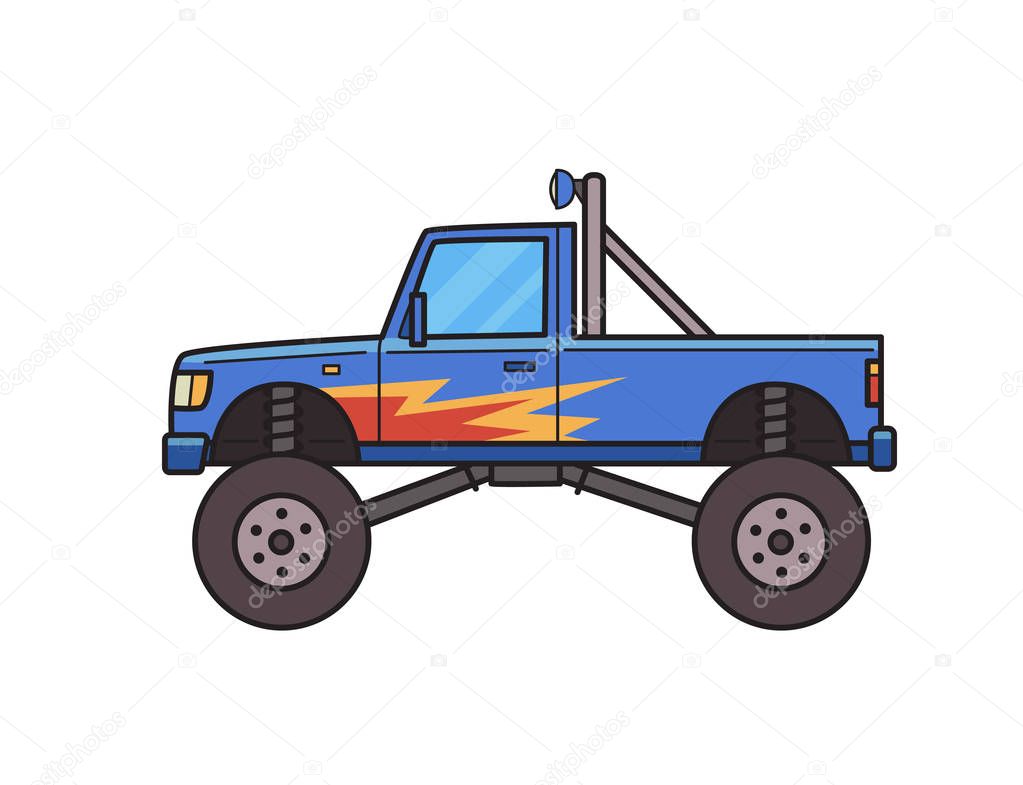 Big wheel monster truck decorated with fire pattern. Bigfoot truck. Isolated image on white background. Vector illustration. Flat style.