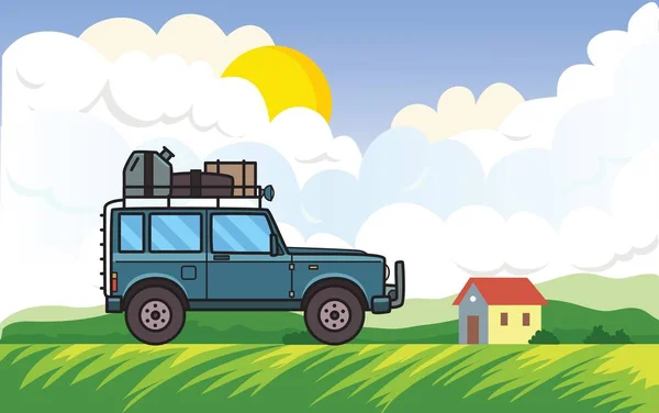 Geländewagen vor ländlichem Hintergrund mit Sonne, Wolken und einem Haus. Geländewagen auf dem Land. Vektorillustration. flachen Stil. horizontal. — Stockvektor